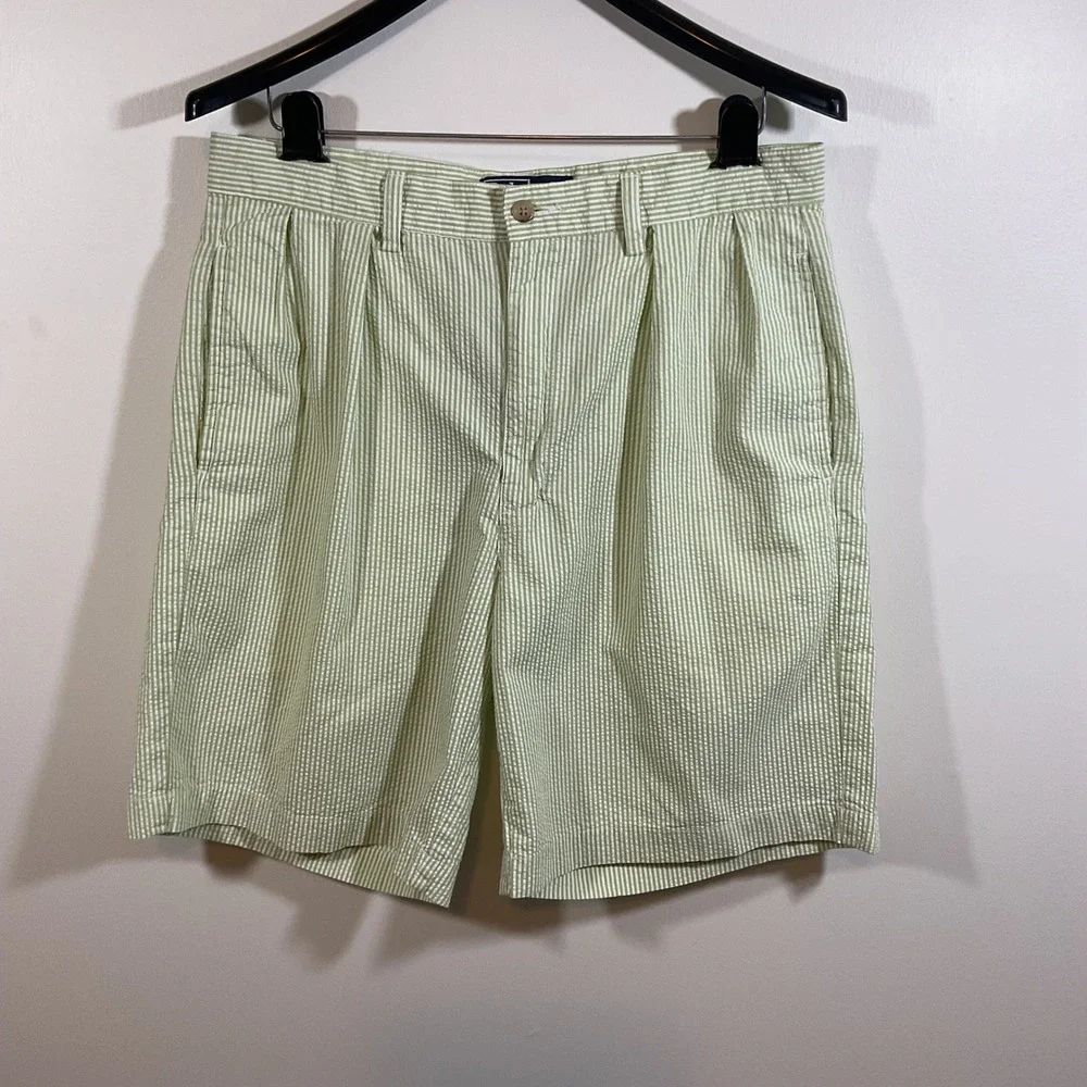 Polo Ralph Lauren Tyler Short Mens 33 Green White Striped Seersucker Pleated VTG